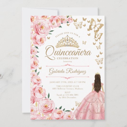 Goud Roze Rozen Vlinders Quinceanera Kaart (Voorkant)
