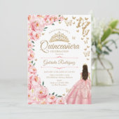 Goud Roze Rozen Vlinders Quinceanera Kaart (Staand voorkant)