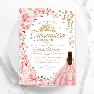 Goud Roze Rozen Vlinders Quinceanera Kaart