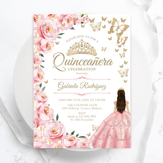 Goud Roze Rozen Vlinders Quinceanera Kaart