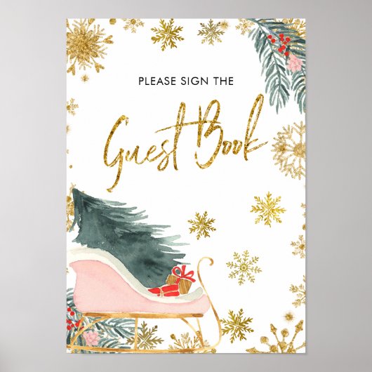 Goud Roze Sleigh Kerst Baby shower Gastenboek Poster (Voorkant)