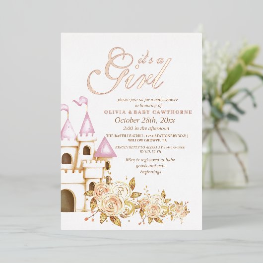  Goud & Roze Sprookjes Prinses Baby Shower Folie Uitnodiging (Staand Voorkant)