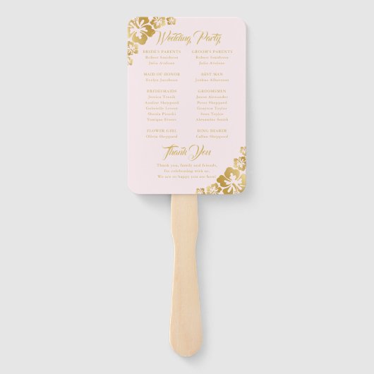 Goud Roze Tropische Hibiscus Bloem Bruiloft Progra Handwaaier (Achterkant)