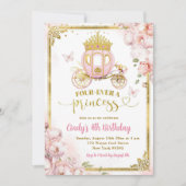 Goud Roze Vier een Prinses Carriage Verjaardag Kaart (Voorkant)