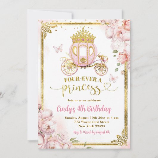 Goud Roze Vier een Prinses Carriage Verjaardag Kaart (Voorkant)