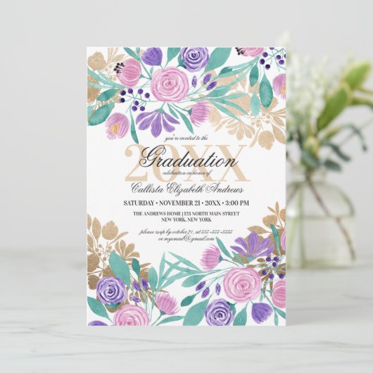 Goud Roze Violet Bloemen Waterverf Afstuderen Kaart (Staand voorkant)
