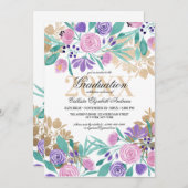 Goud Roze Violet Bloemen Waterverf Afstuderen Kaart (Voorkant / Achterkant)