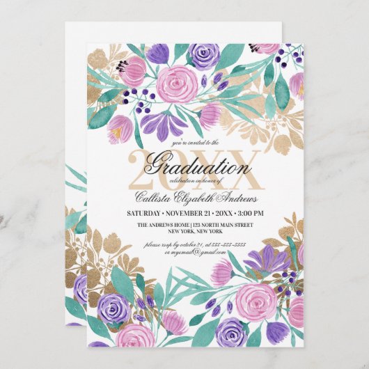 Goud Roze Violet Bloemen Waterverf Afstuderen Kaart (Voorkant / Achterkant)