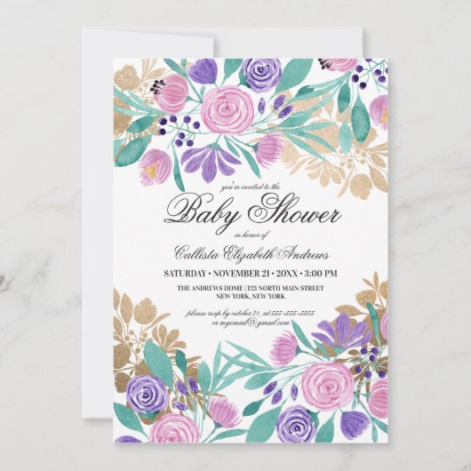 Goud Roze Violet Bloemen Waterverf Baby shower Kaart (Voorkant)