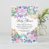 Goud Roze Violet Bloemen Waterverf Baby shower Kaart (Staand voorkant)
