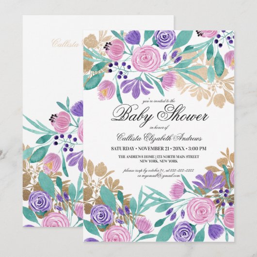 Goud Roze Violet Bloemen Waterverf Baby shower Kaart (Voorkant / Achterkant)