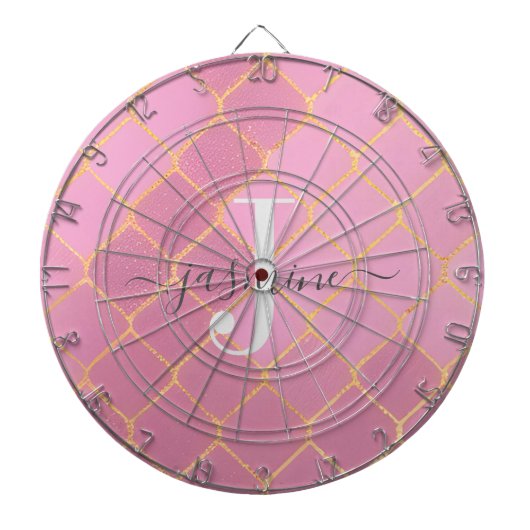 Goud & Roze Vrouwelijk Glitter Monogram Schrift Dartbord (Voorkant)