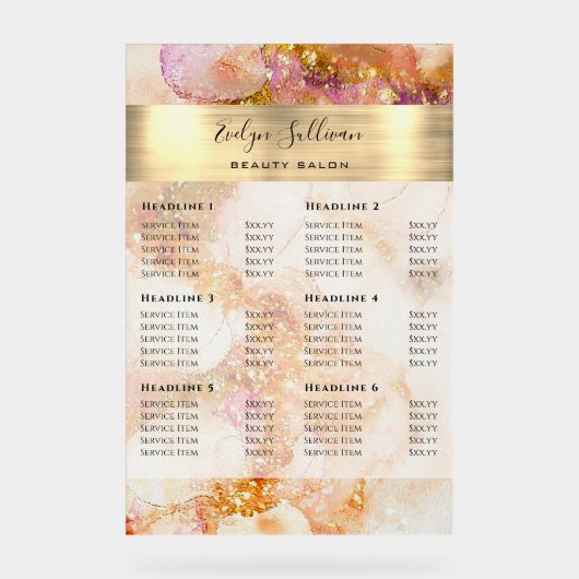 Goud Roze Waterverf Faux Folie prijslijst Acryl Bord (Voorkant)
