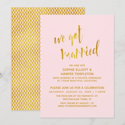 Goud & Roze We Got Married Typografie Viering Kaart (Voorkant / Achterkant)