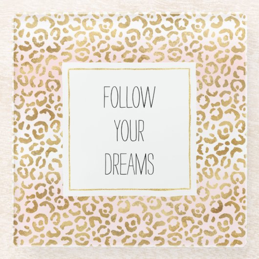 Goud Roze Wit Luipaard Print Glazen Onderzetter (Voorkant)