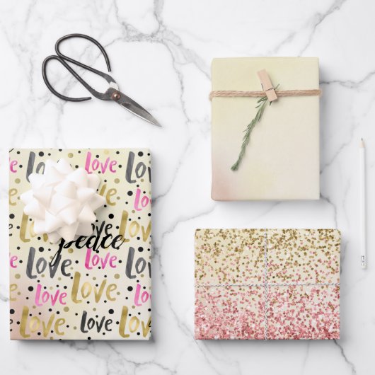 Goud Roze Zwart Confetti Liefde Vrede Glitter Inpakpapier Vel (Voorkant)