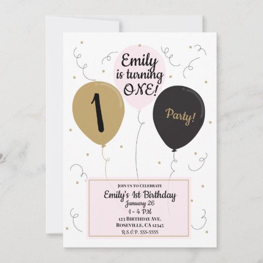 Goud Roze & Zwarte Ballonnen Meisje 1e Verjaardags Kaart (Voorkant)