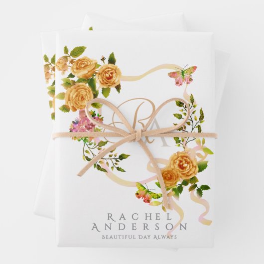 Goud Rozen lint Chic Monogram Wit Inpakpapier Vel (In situ)