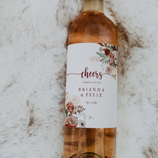 Goud Rustiek Kleurrijke Bloemen Proost Bruiloft Wijn Etiket