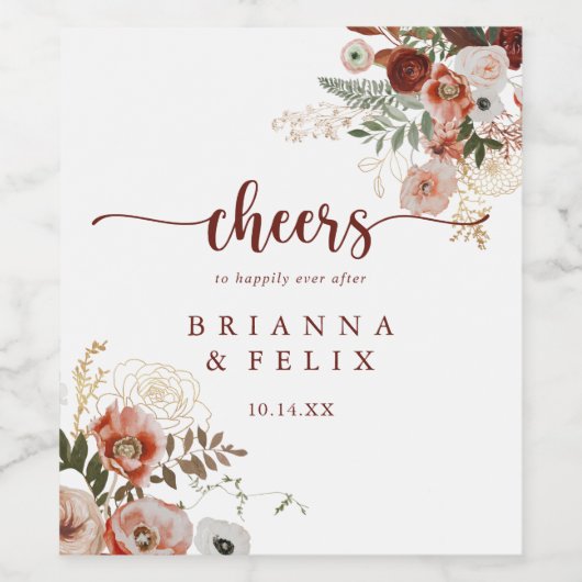 Goud Rustiek Kleurrijke Bloemen Proost Bruiloft Wijn Etiket (Enkel label)