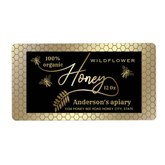 Goud  rustieke bijen honing tak potje Label (Voorkant)