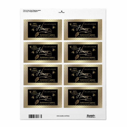 Goud  rustieke bijen honing tak potje Label (Full Sheet)