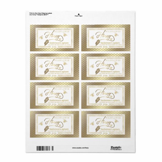 Goud rustieke bijen honing tak potje Label (Full Sheet)