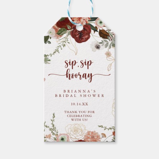 Goud rustieke Bloemen Sip Hooray Vrijgezellenfeest Cadeaulabel (Voorkant)