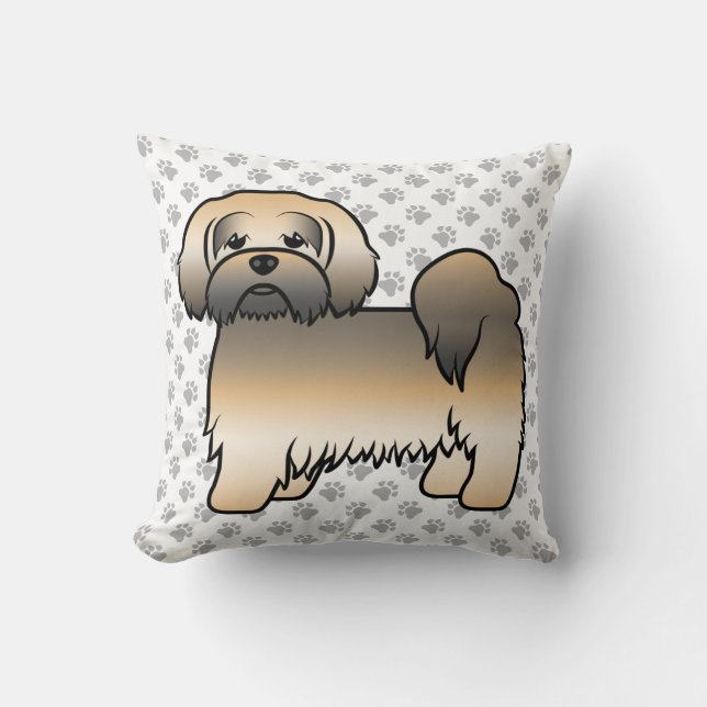 Goud Sable Lhasa Apso Cartoon Hond & Pootjes Kussen (Voorkant)