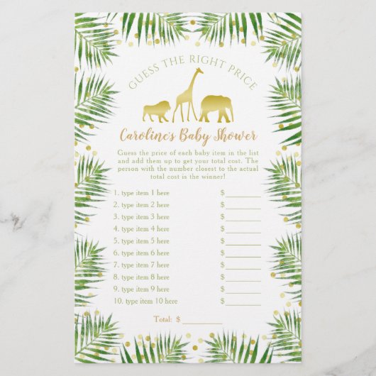 Goud Safari Dieren Baby Shower Raad de Prijs Spel (Voorkant)