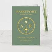 Goud & Sage Groen Paspoort Bruiloft Uitnodiging (Voorkant)