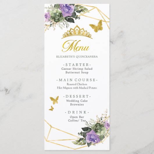 Goud Salie Groen Paarse Princesa Quinceañera Menu (Voorkant)