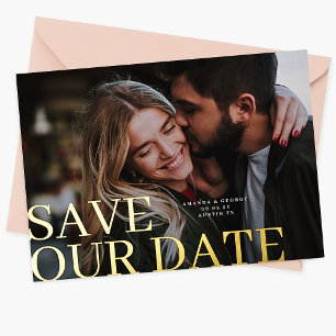 Goud Save Our Date Elegante Klassieke Foto Bruilof Folie Uitnodiging