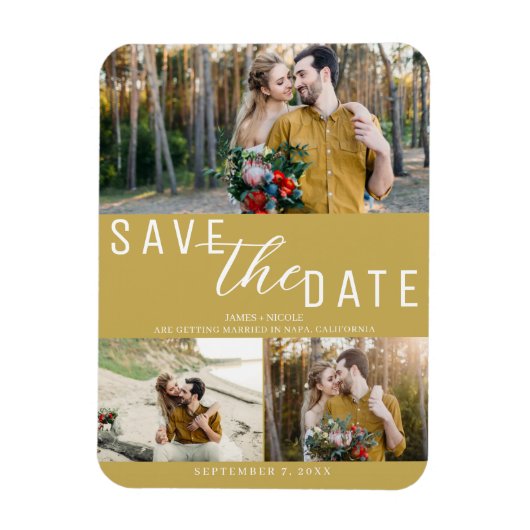 Goud Save the Date Bruiloft 3 foto's Magneet (Verticaal)