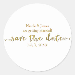 Goud Save the Date Script Aangepast Gepersonalisee Ronde Sticker