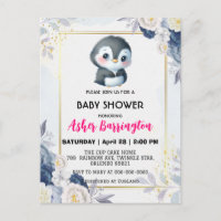 Goud Schattige pinguïn Blauw bloem baby shower kin