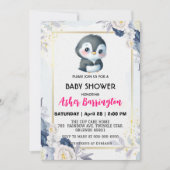 Goud Schattige pinguïn Blauw bloem baby shower kin Kaart (Voorkant)