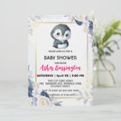 Goud Schattige pinguïn Blauw bloem baby shower kin Kaart (Staand voorkant)