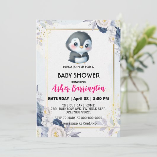 Goud Schattige pinguïn Blauw bloem baby shower kin Kaart (Staand voorkant)