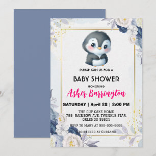 Goud Schattige pinguïn Blauw bloem baby shower kin Kaart