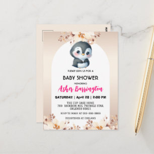 Goud Schattige pinguïn kersenbloesem baby shower k Briefkaart