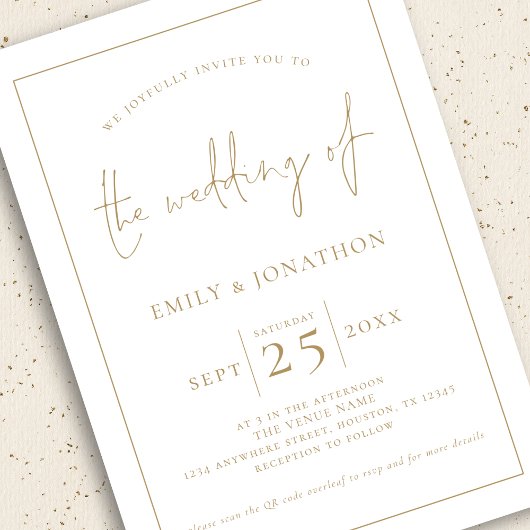 Goud Script 3 Foto's Lijn Rand QR Code Bruiloft Kaart