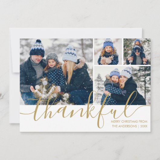 Goud Script Dankbaar 4 foto Kerstmis Feestdagenkaart (Voorkant)