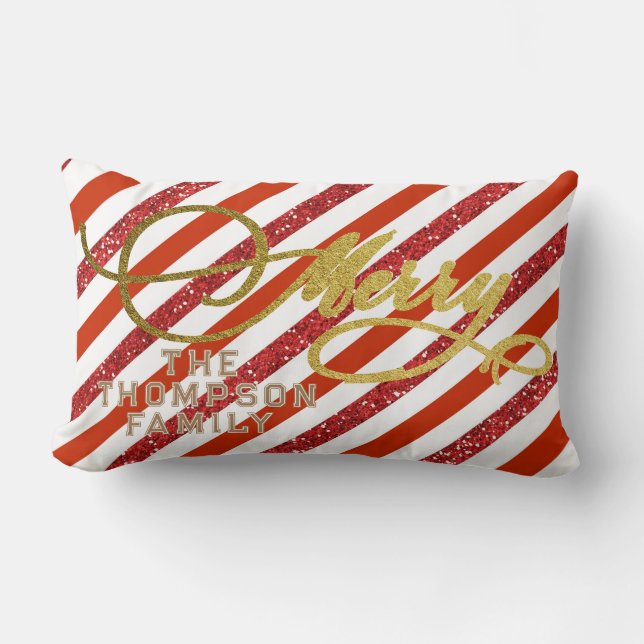 Goud Script Glitter Rood Wit Familie Kerstmis Kussen (Voorkant)