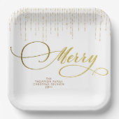 Goud Script Glitter Rood Wit Familie Kerstmis Papieren Bordje (Voorkant)