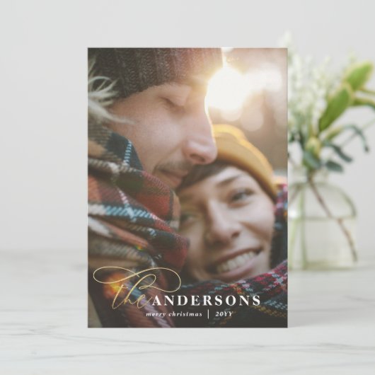 Goud script groene vlekvormer 1 foto Kerstmis Feestdagenkaart (Staand voorkant)