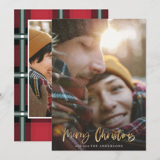 Goud script: kerstmis rood tartan 2 foto feestdagenkaart (Voorkant / Achterkant)