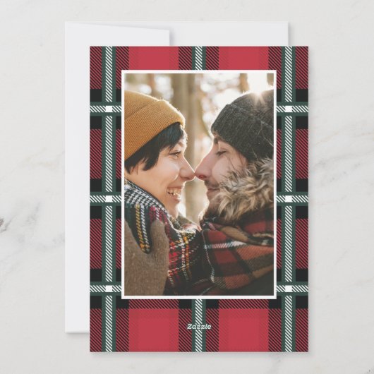 Goud script: kerstmis rood tartan 2 foto feestdagenkaart (Achterkant)