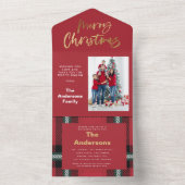 Goud script: kerstmis rood tartan foto alles i all in one uitnodiging (Binnen)