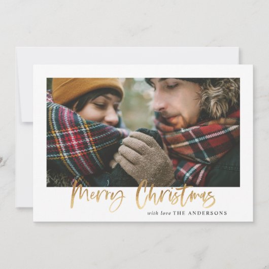 Goud script: kerstmustard tartan 1 foto feestdagenkaart (Voorkant)